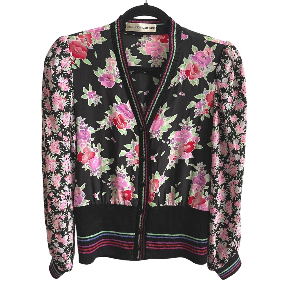 Umi Collections Floral Cardigan Jacket Womens 4 Black Pink Vintage 80s‎ Bomber